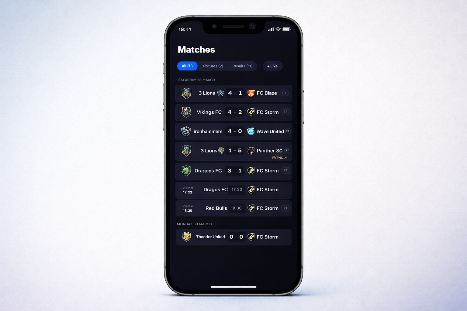 Matches list with live filters on a mobile device
